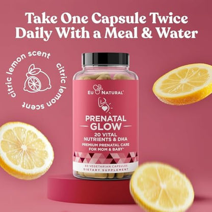 Eu Natural Glow Prenatal Vitamins bottle with ingredients list