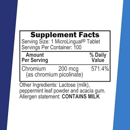 Close up of sublingual chromium picolinate tablets for metabolic health