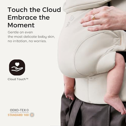 Ergonomic baby carrier showing child in M-position