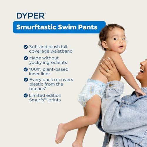 Side view of Dyper Smurftastic swim diapers showing elastic waistband