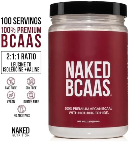 Naked BCAA 500 grams container showing vegan and non-GMO labels.