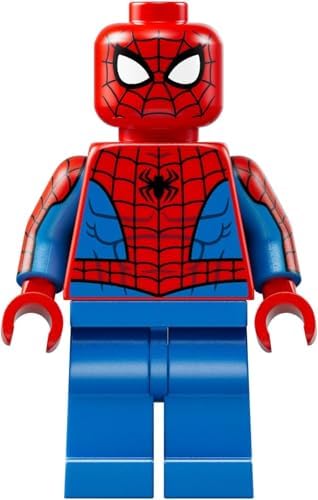 Assembled Spider-Man and Venom minifigures with the museum vault display pieces