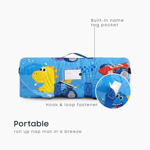 Wake In Cloud preschool rest pad showcasing the four elastic corner straps for cot attachment.