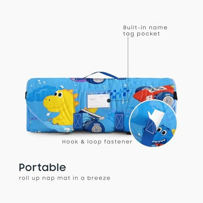 Wake In Cloud preschool rest pad showcasing the four elastic corner straps for cot attachment.