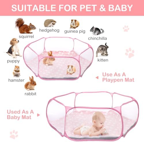 VitalCozy Hamster Playpen with Mat Small Animal Cage Tent Breathable Transparent Guinea Pig Playpen Waterproof Portable Yard Fence Mat Foldable Exercise Playpen Outdoor Indoor (Pink,Star) - Image 7
