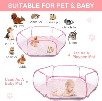 VitalCozy Hamster Playpen with Mat Small Animal Cage Tent Breathable Transparent Guinea Pig Playpen Waterproof Portable Yard Fence Mat Foldable Exercise Playpen Outdoor Indoor (Pink,Star) - Image 7