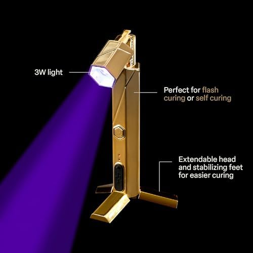 Side view of the luxury gold finish cordless nail lamp with battery indicator lights.