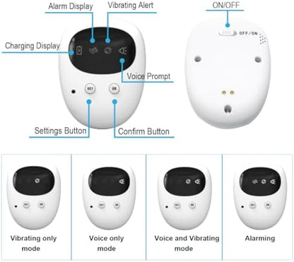 The sleek white wireless enuresis monitor showing the low power blue indicator light and microcomputer control housing.