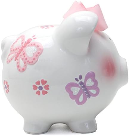 White butterfly themed savings bank displaying secure removable rubber bottom stopper