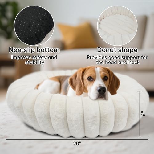 Donut Dog and Cat Bed, Luxurious Comfortable Faux Rabbit Fur Pet Beds, Round Anti-Anxiety Calming Puppy Kitten Bed with Anti-Slip Bottom for Small Medium Dogs & Cats(20", White) - Image 5