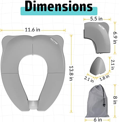 Maliton toddler toilet training seat cover folded compactly next to its black drawstring bag.
