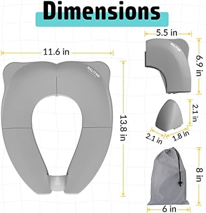 Maliton toddler toilet training seat cover folded compactly next to its black drawstring bag.
