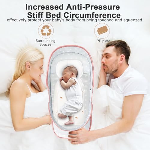 ISELECTOR travel baby bed folded compactly next to its convenient carry bag.
