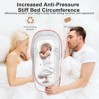ISELECTOR travel baby bed folded compactly next to its convenient carry bag.