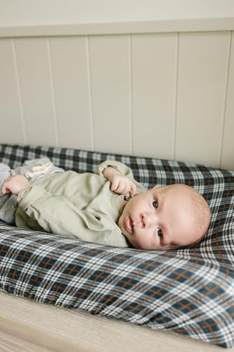 Designer navy plaid checkered changing table pad cover by Mebie Baby