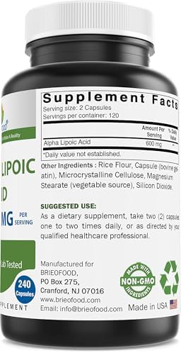 Side angle of Brieofood Alpha Lipoic Acid supplement label highlighting the 600mg serving size details