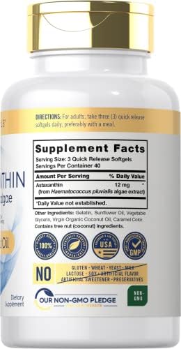 Carlyle Astaxanthin supplement label showing 12mg microalgae extract with coconut oil ingredients.