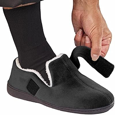 Extra wide adaptive slippers for seniors with non-slip rubber soles for safety.
