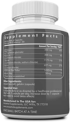 Ancestral Minerals supplement nutritional facts and ingredient list highlighting Atlantic kelp.