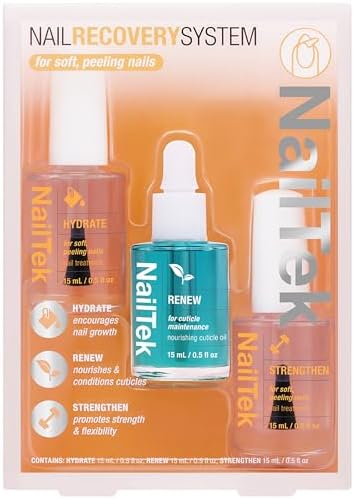 Nail Tek Hydrate Strengthen and Renew bottles standing side by side on clean background