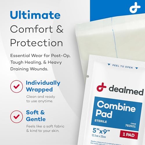 Individually wrapped 5 inches by 9 inches sterile ABD pads for post surgery wound care.