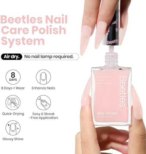 Side by side comparison of thin damaged nails before and after using the Beetles pink nail concealer treatment.
