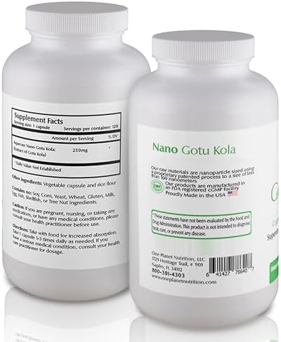 One Planet Nutrition Nano Gotu Kola 250mg supplement facts label showing nutrition ingredients and daily dosage