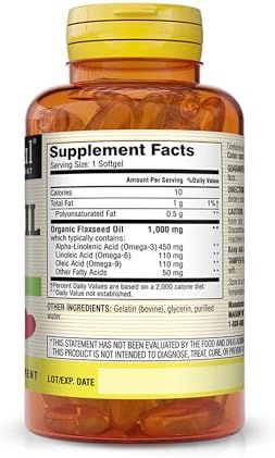 Mason Natural cold pressed flaxseed oil supplement bottle displaying supplement facts