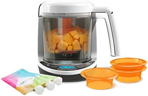 Baby Brezza complete system accessories including three reusable food pouches and three green easy-fill funnels