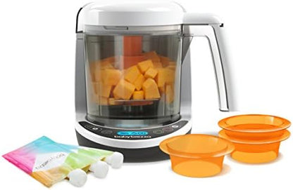 Baby Brezza complete system accessories including three reusable food pouches and three green easy-fill funnels
