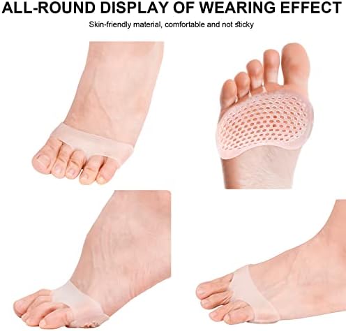 Reusable gel foot pads for metatarsalgia relief placed next to a high heel shoe.