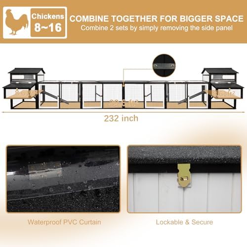 PetsCosset 116" L Large Chicken Coop and Run, Hen House with 4 Nesting Box Boxes, Rabbit Hutch Poultry Bunny Cage for 4-6 Chickens with 4 Perches, Removable Tray and Ramp and UV-Resistant Roof Panel - Image 6
