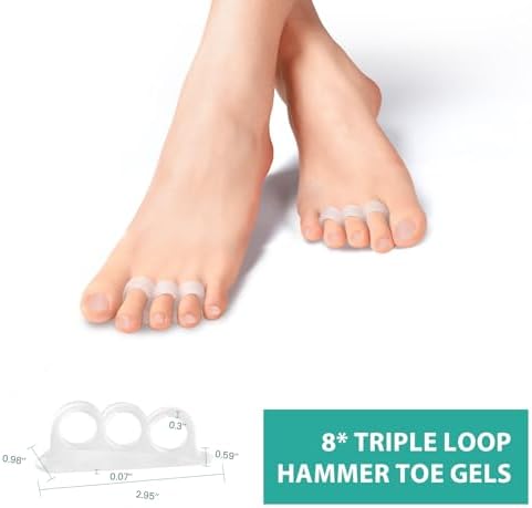 Soft silicone hammer toe cushions being worn on a foot for pain relief.