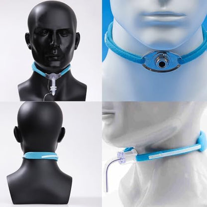 Packaging contents displaying both blue reusable trach ties included in the USA imported pack.