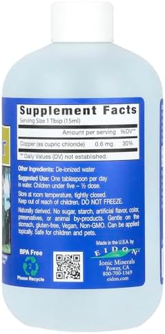 Eidon Ionic Minerals Copper unflavored mineral concentrate supplement facts label
