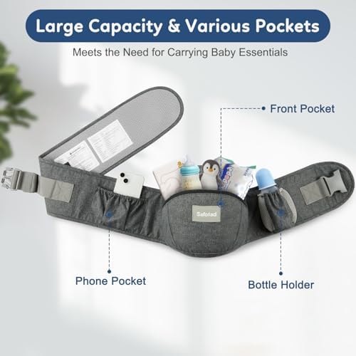 Side view of Safotad baby carrier with large storage pocket