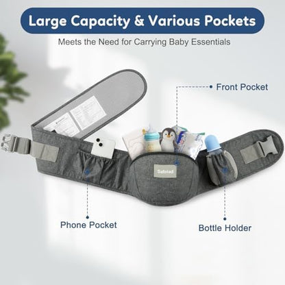 Side view of Safotad baby carrier with large storage pocket