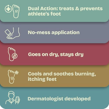 Dryello tinea pedis remedy stick being applied cleanly to the bottom of a foot to stop itching and burning.