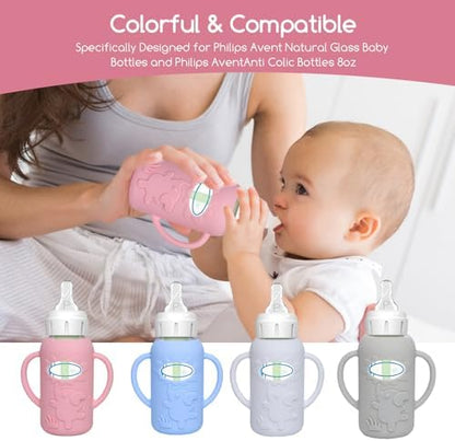 WAJIAYON 4 Pack Silicone Sleeves for Dr. Brown's Glass Baby Bottles -Drop Protection Easy-Grip Baby Bottle Sleeves Holder with Handles, Compatible with Dr. Brown's Newborn Glass Bottles 4 oz/120 ml - Image 5