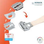 Merkur 923 pedicure tool with nickel plated head and beige handle.