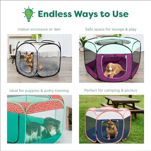 Furhaven Portable Dog Playpen Cat Tent, Pet Playground,Kennel Foldable Indoor Outdoor Zippered Puppy Crate - Green & Pink, Medium - Image 8