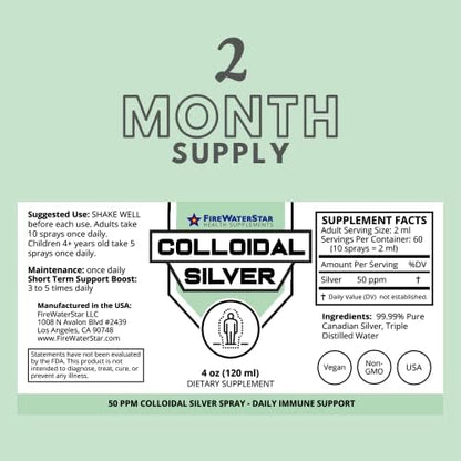 FireWaterStar Colloidal Silver Spray four ounce packaging details