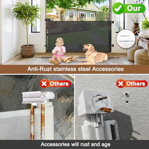 BETERTEK outdoor dog gate fully retracted into its black housing unit on a balcony wall