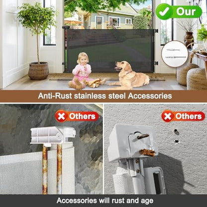 BETERTEK outdoor dog gate fully retracted into its black housing unit on a balcony wall