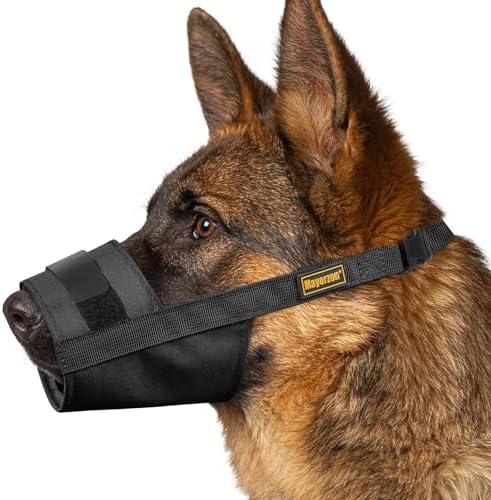 Mayerzon adjustable dog muzzle in black showing the secure dual hook and loop straps