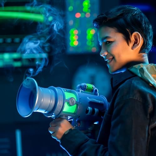 Minions gag toy blaster showing the glowing LED internal chamber and pump lever mechanism