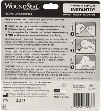 Waterproof artificial scab formation on an arm scratch using WoundSeal topical first aid powder.