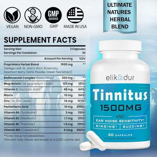 Elikadur 1500 mg ear tinnitus supplement capsules label details and facts