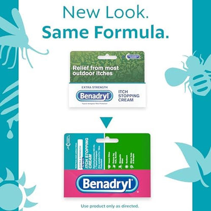 Benadryl Extra Strength anti-itch cream tube showcasing the active ingredients diphenhydramine and zinc acetate.