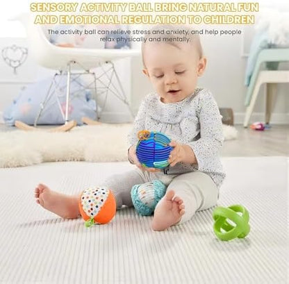 Authentic PushGoGo imported sensory ball packaging and contents highlighting sixteen pieces.